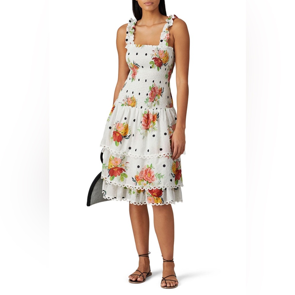 Farm Rio Nanaju Smocked Swiss Polka Dot Scalloped Hem Floral Cotton Midi Dress